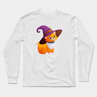 Cute and fluffy cat in a purple witch hat Long Sleeve T-Shirt